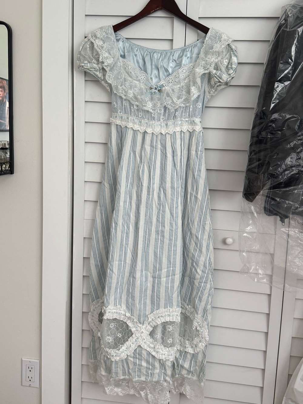 Bridgerton Inspired Blue and White Striped Lace Trim Dress